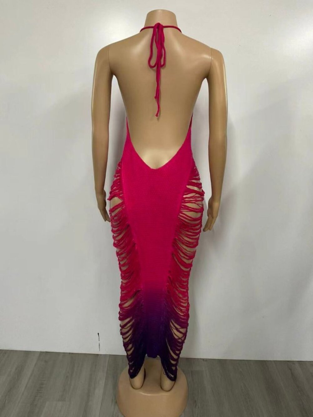 Fringe & Tassel Crochet Coverup Swimwear or Maxi Dress- Pink/Purple - Picture 4 of 7